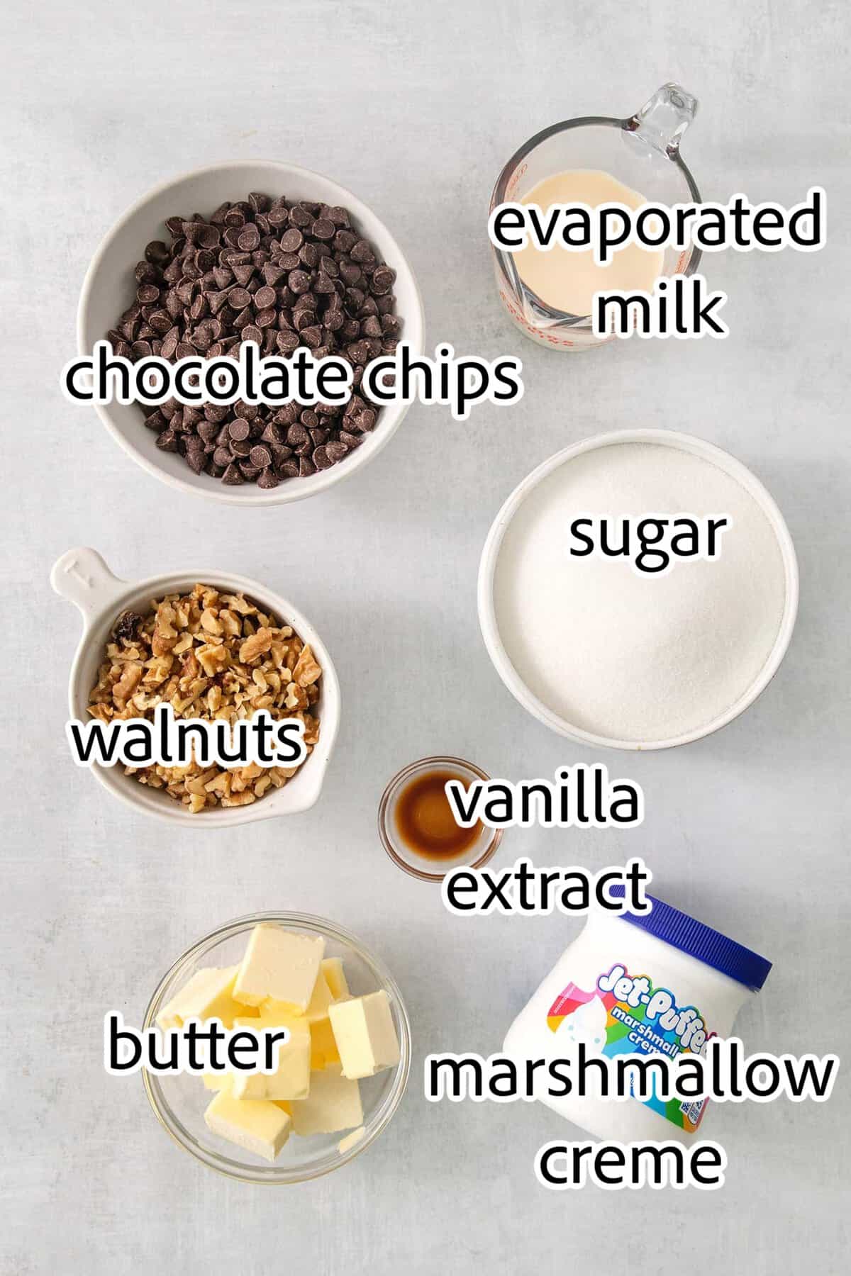 Fantasy Fudge is a thick, rich, no-fail chocolatey fudge made with semi-sweet chocolate, marshmallow creme, and walnuts. ingredients needed for fantasy fudge