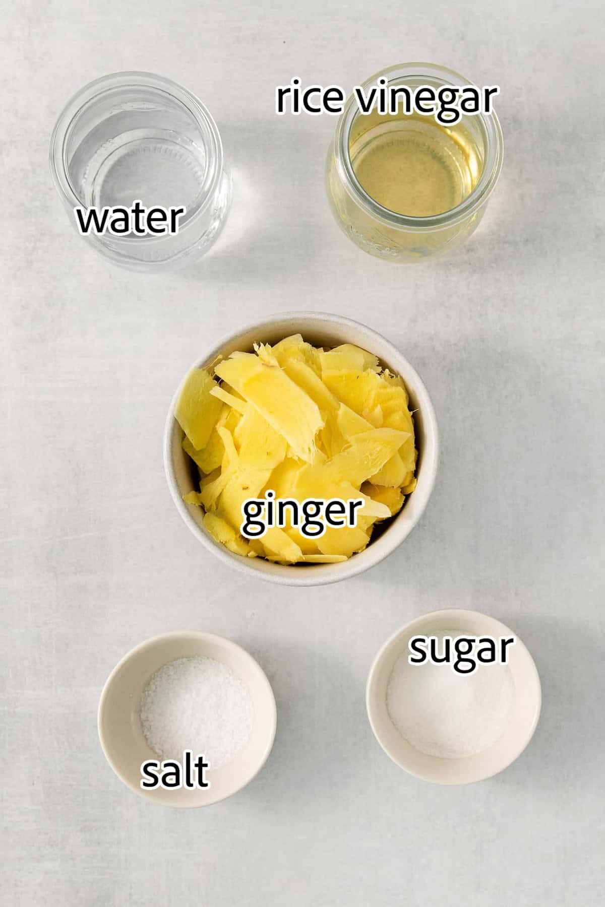 Peppery, pink Pickled Ginger is a wonderful companion to sushi and it's so easy to make at home! You need just 5 ingredients. ingredients needed for pickled ginger