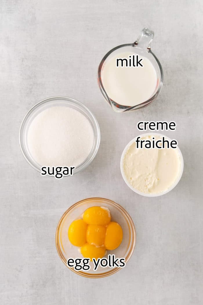 This homemade Crème Fraîche Strawberry Ice Cream is rich and ultra creamy with a gorgeous strawberry swirl folded into a tangy ice cream. ingredients needed for strawberry creme fraiche ice cream