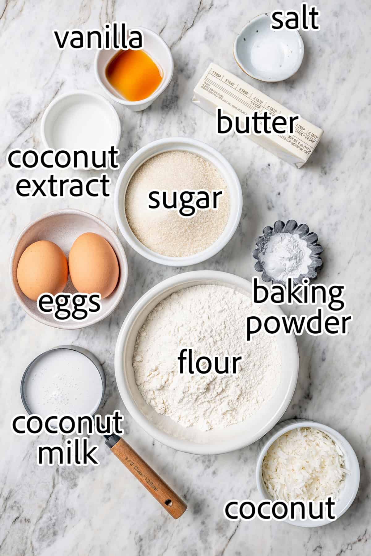 These coconut cupcakes are moist and full of coconut flavor — and just wait until you sink your teeth into the coconut buttercream frosting! ingredients needed for coconut cupcakes