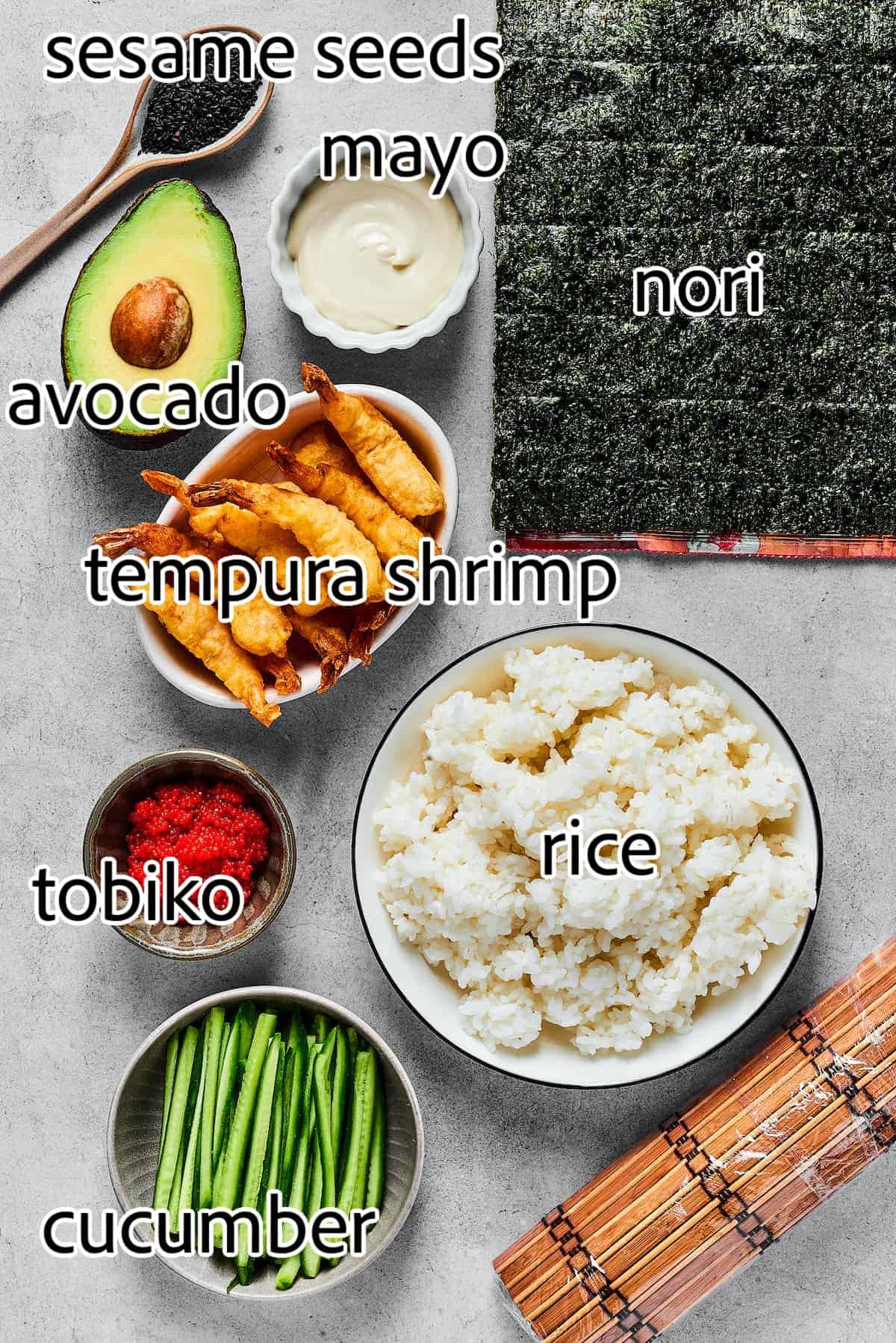 This dragon roll features tempura shrimp, cucumber, tobiko, and avocado wrapped in nori and rice. It's easy to make and such a crowd-pleaser! ingredients needed for dragon rolls