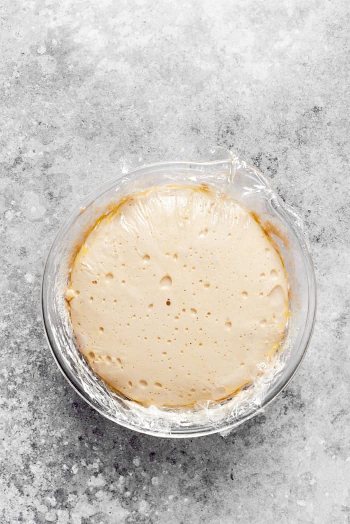 This homemade English Muffin Bread is incredibly easy, with no kneading required, and it will make your morning toast extra delicious! Overhead view of English muffin bread dough in bowl covered with plastic