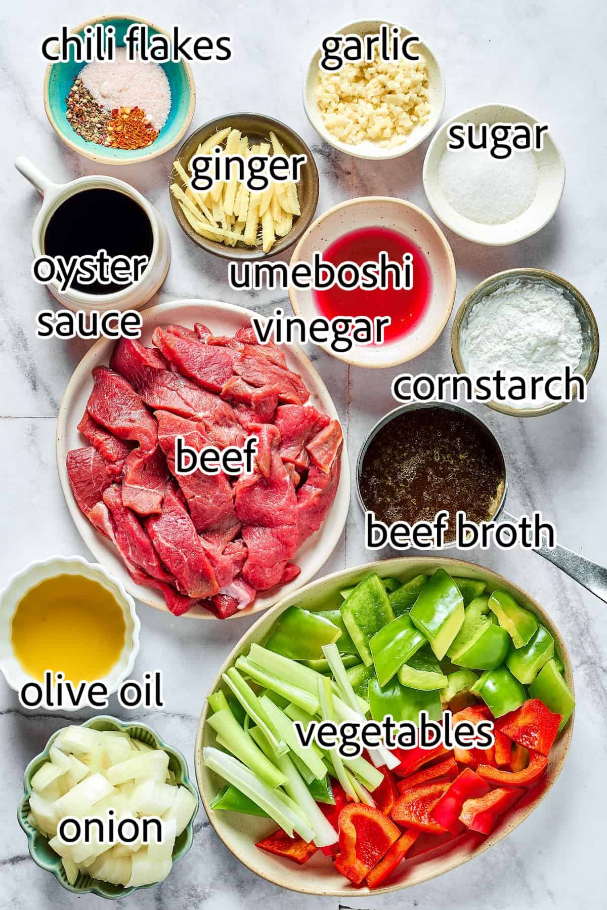This Easy Hunan Beef recipe is better than take-out! Made with strips of steak, peppers, and onions in a savory, mildly hot, and tangy sauce. ingredients needed for hunan beef