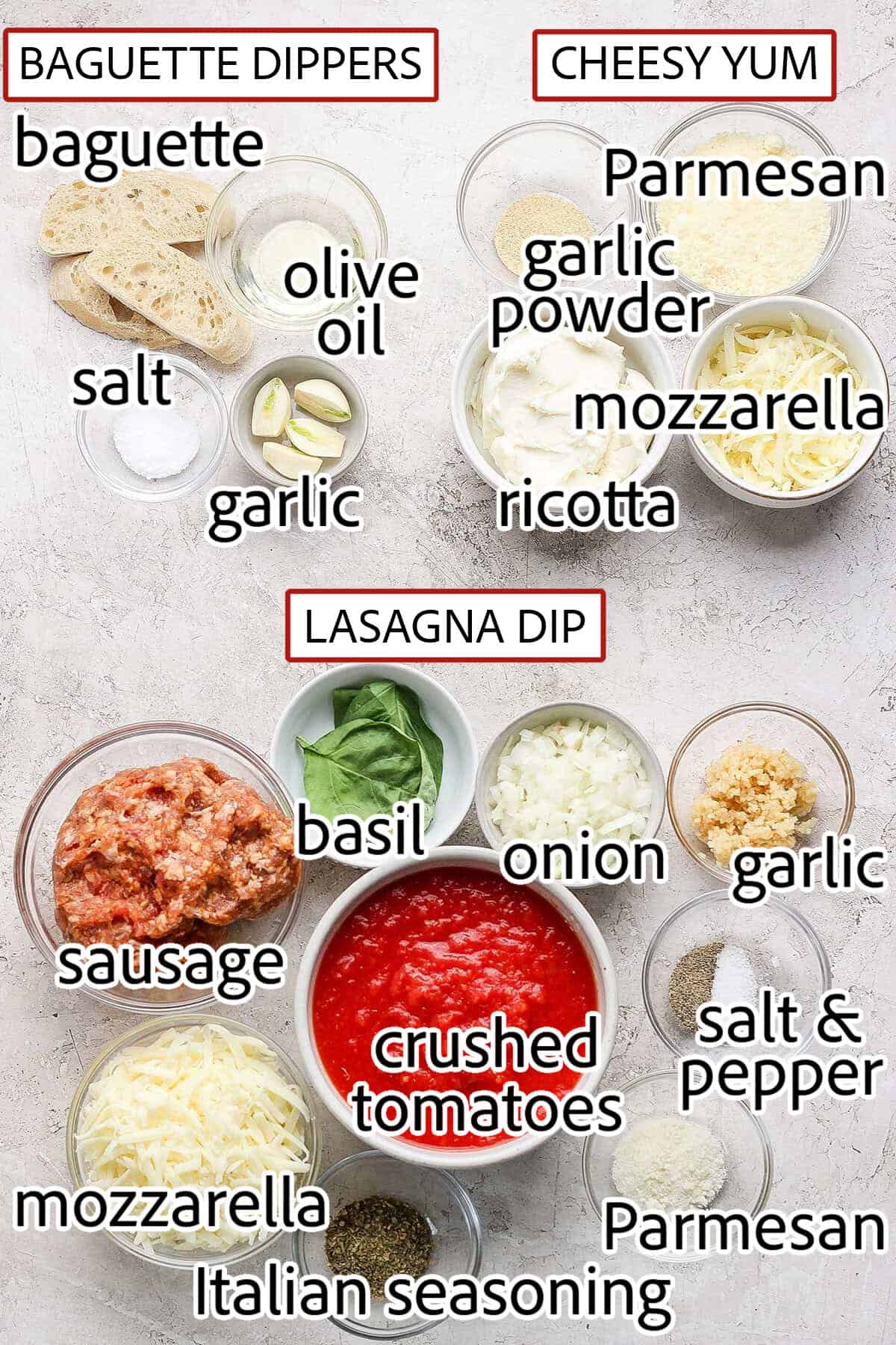 This Lasagna Dip has melty pockets of cheese, meaty sausage, and zesty tomato sauce, all ready for scooping with garlic bread dippers. YUM! Ingredients needed for Lasagna Dip recipe
