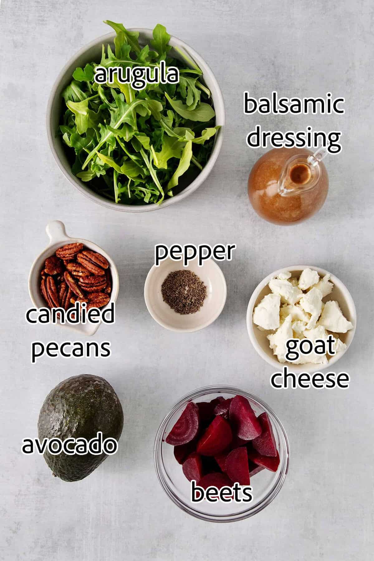 Topped with goat cheese, avocado, and candied pecans, this Arugula Beet Salad offers the perfect combination of flavors. ingredients needed for arugula beet salad