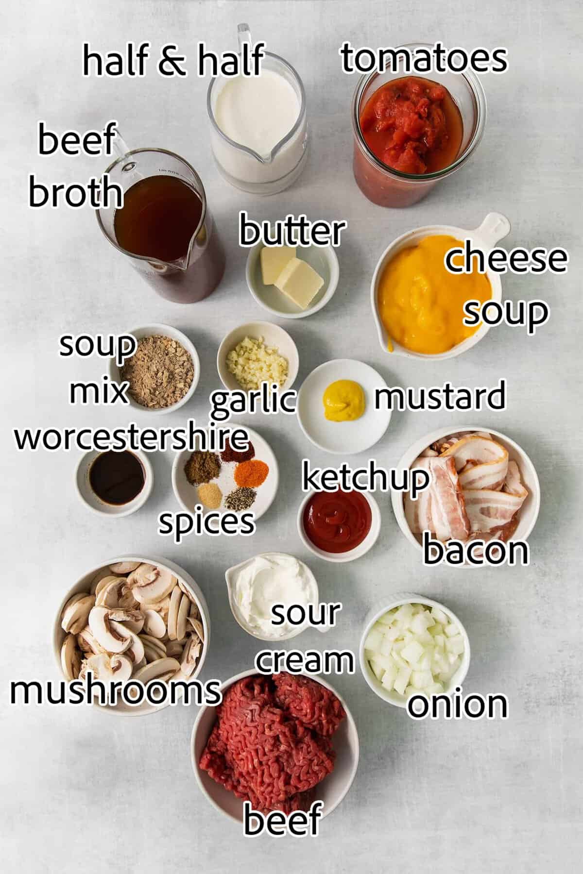 This Bacon Cheeseburger Soup is loaded with your favorite burger ingredients and toppings, like bacon, mushrooms, and a handful of seasonings. Top with shredded cheese and dill pickles for a soup that tastes just like your favorite cheeseburger! ingredients needed for bacon cheeseburger soup