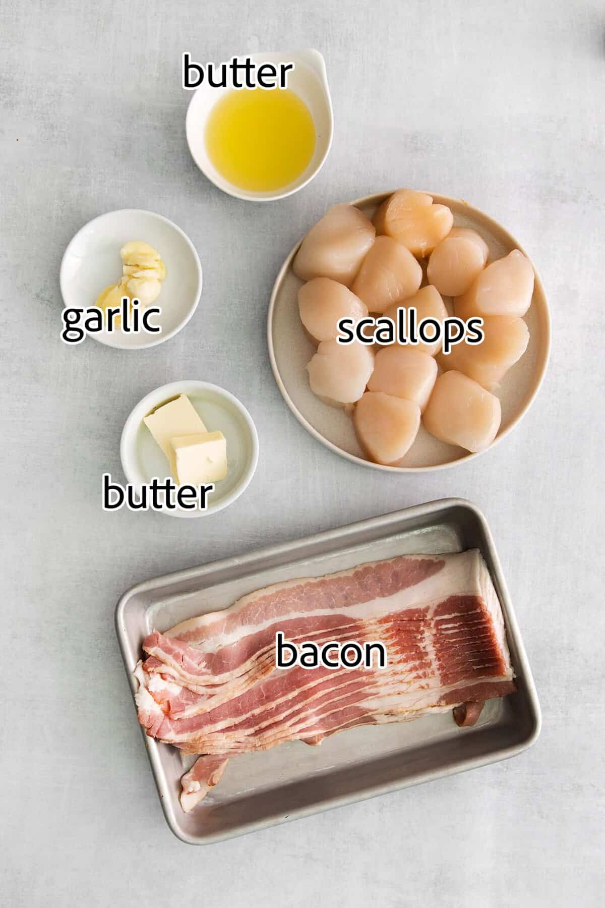These Bacon Wrapped Scallops are tender and juicy, surrounded by crisp bacon, and topped with a delicious garlic butter. ingredients needed for bacon wrapped scallops