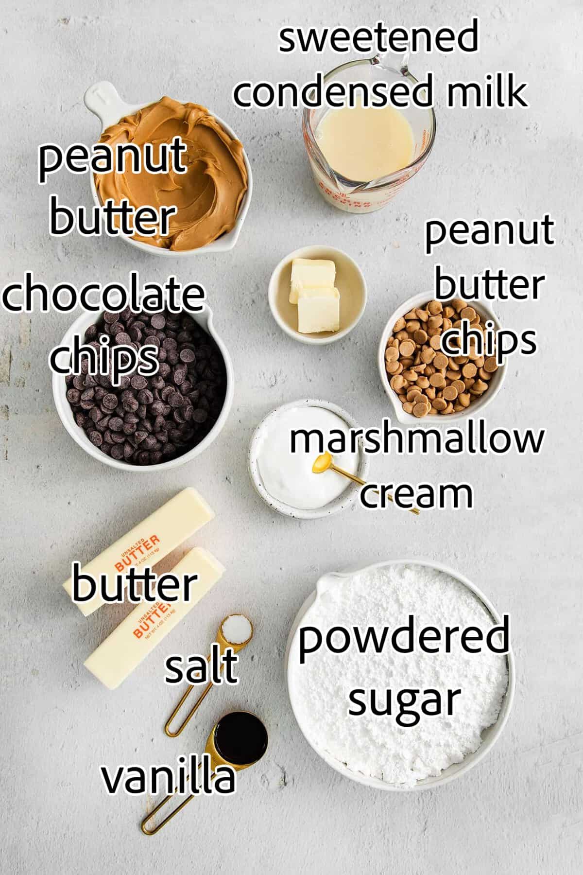 This Buckeye Fudge is a fun twist on traditional buckeyes, with smooth, creamy peanut butter fudge topped with a layer of rich chocolate. ingredients needed for buckeye fudge