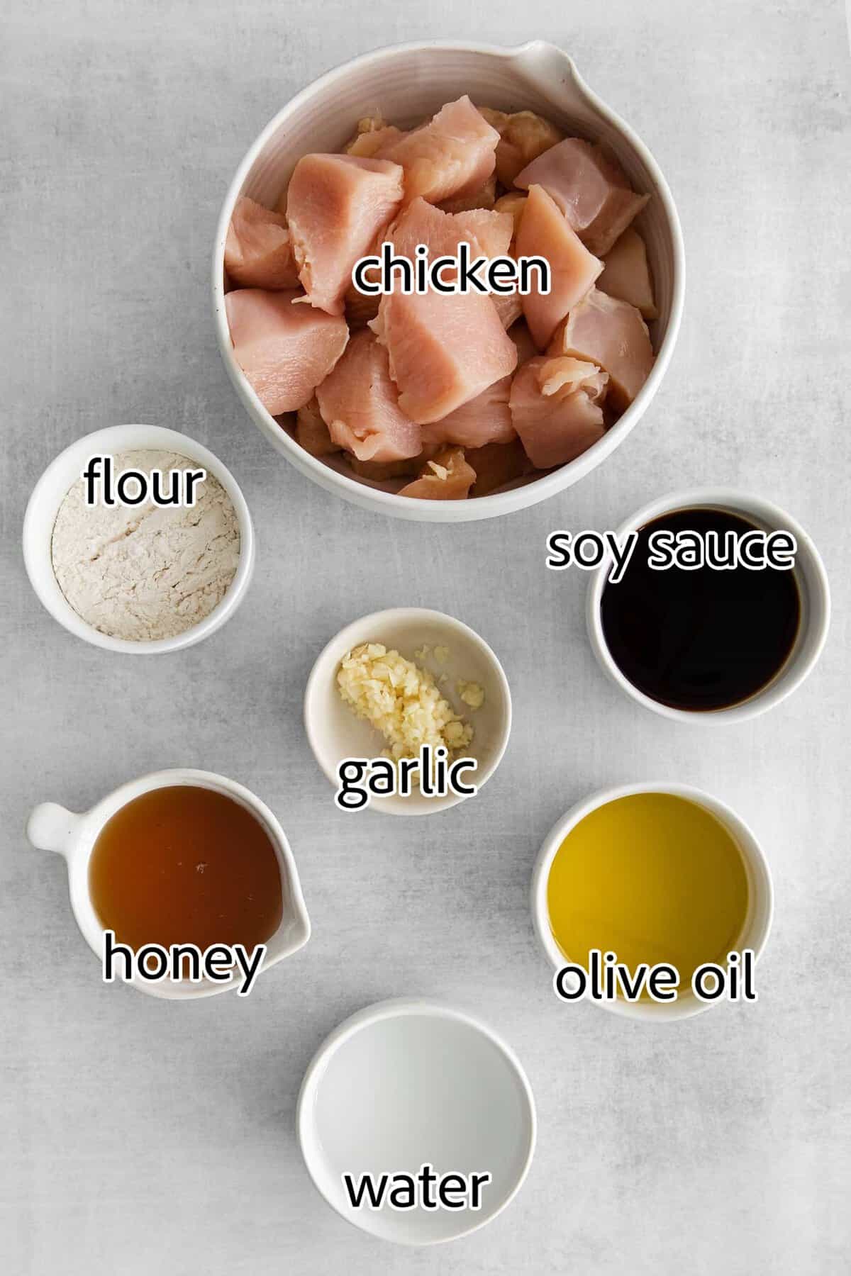 These Honey Garlic Chicken Bowls are quick and easy with moist chunks of chicken tossed in a sweet and sticky garlic sauce. ingredients needed for honey garlic chicken rice bowls