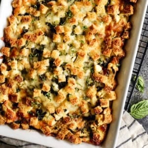 overhead photo of egg bake in a white baking dish