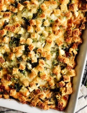 overhead photo of egg bake in a white baking dish