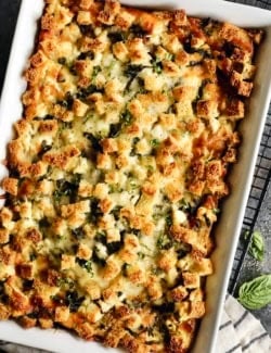 overhead photo of egg bake in a white baking dish