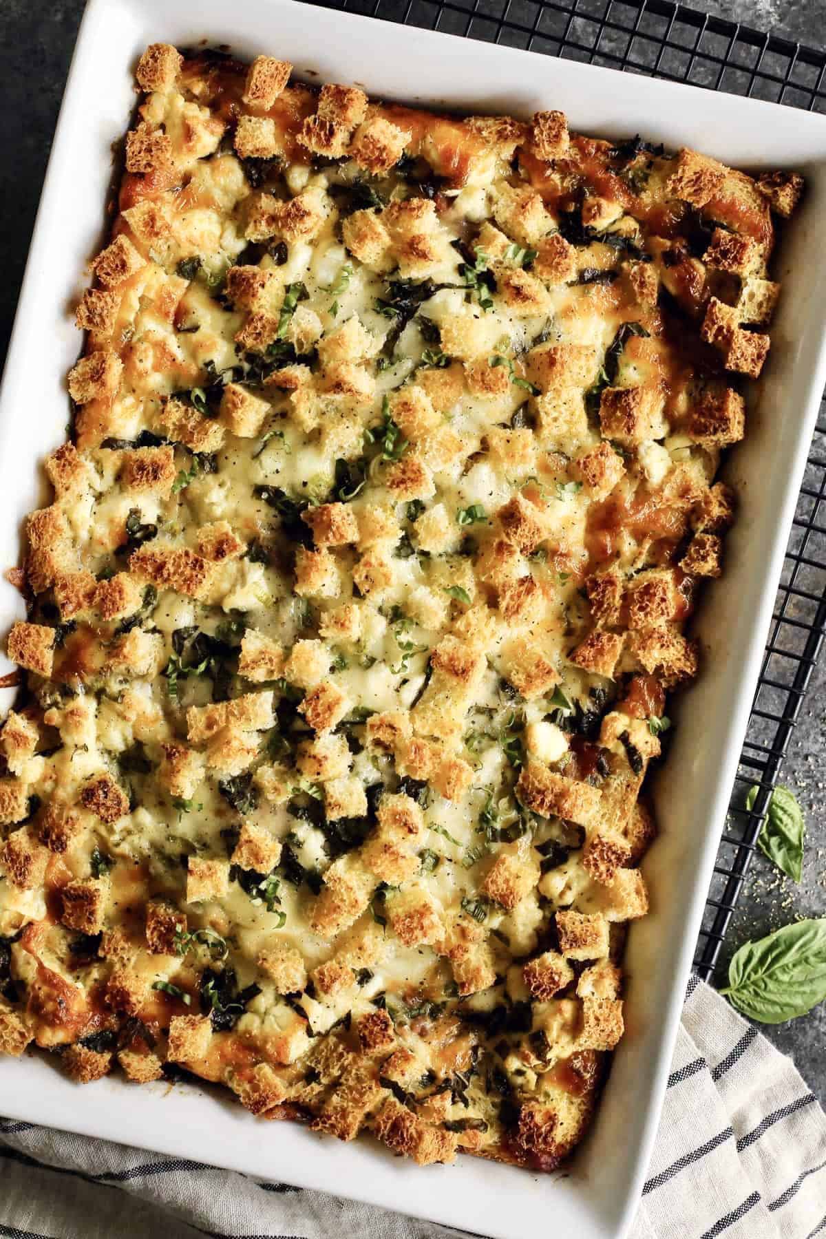 overhead photo of egg bake in a white baking dish