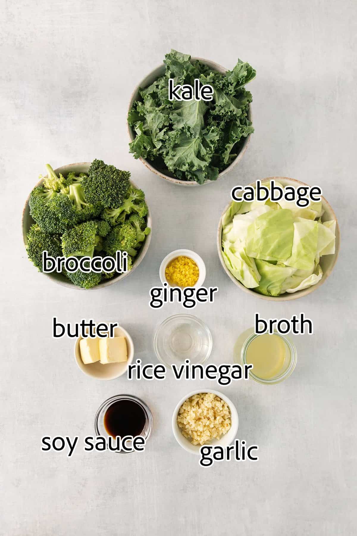 Panda Express Super Greens are a fresh, bright, feel-good side dish made with broccoli, cabbage, and kale in a light garlic-ginger soy sauce. ingredients needed for super greens