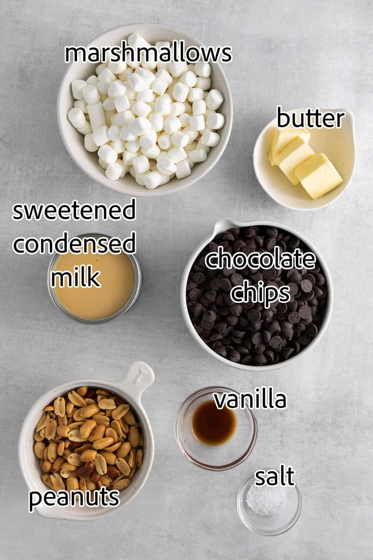 Quick and easy, this Rocky Road Fudge is made with creamy chocolate fudge stuffed with salty, crunchy peanuts and sweet, soft marshmallows. ingredients needed for rocky road fudge