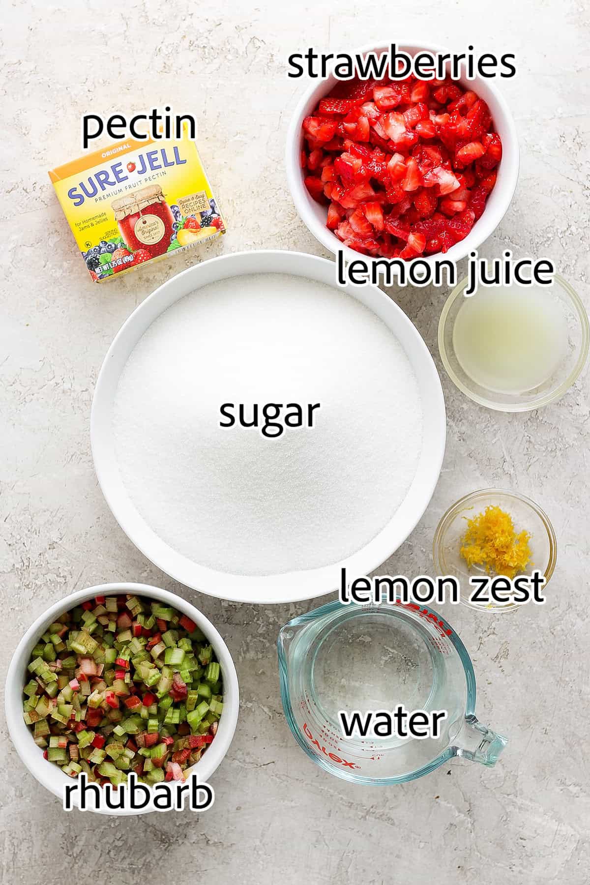 With the right balance of sweet and tart, this strawberry rhubarb freezer jam is a delight — and you don't need canning equipment to make it! ingredients needed for strawberry rhubarb freezer jam