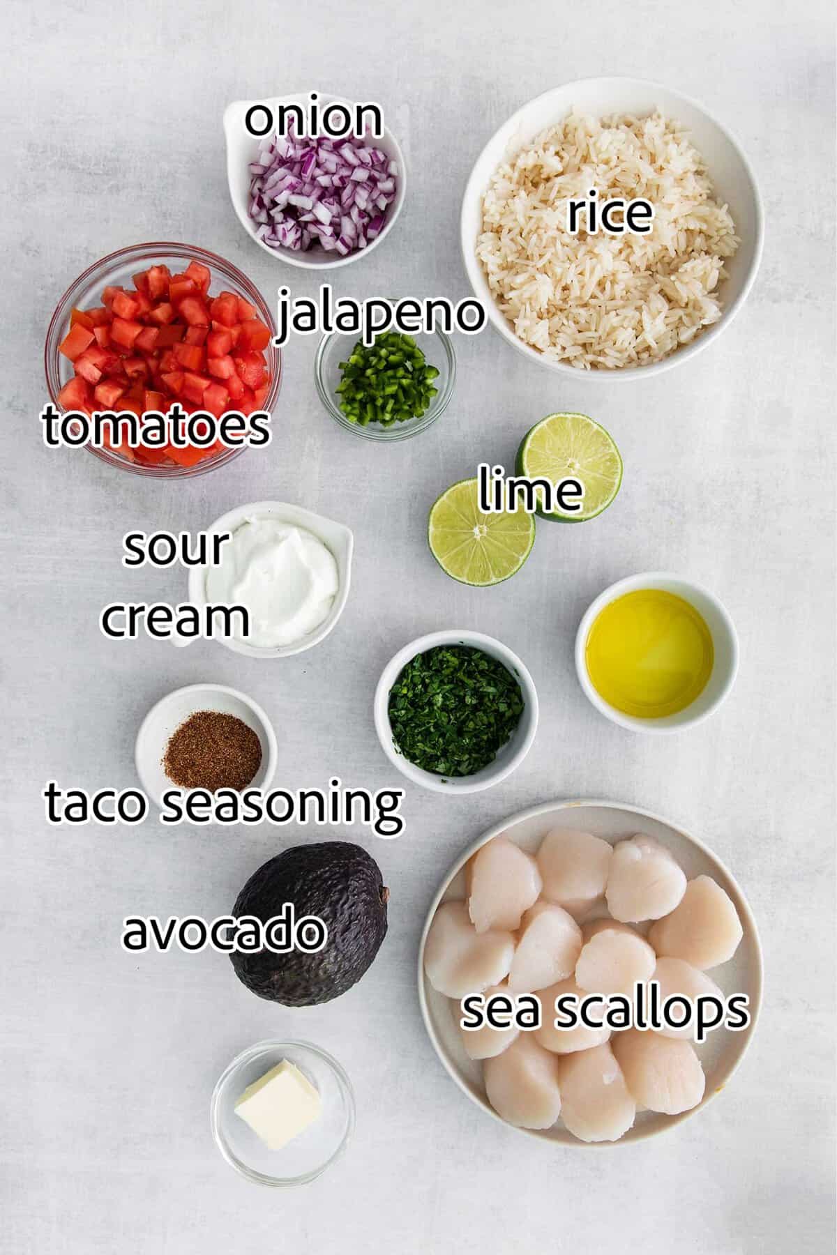 These Tex-Mex Scallop Rice Bowls are bright, refreshing, and packed with flavor, with scallops, pico de gallo, and lime crema. ingredients needed for tex mex scallop rice bowls