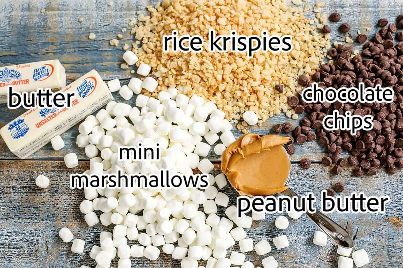 ingredients needed for extra marshmallow chocolate peanut butter rice krispies bars
