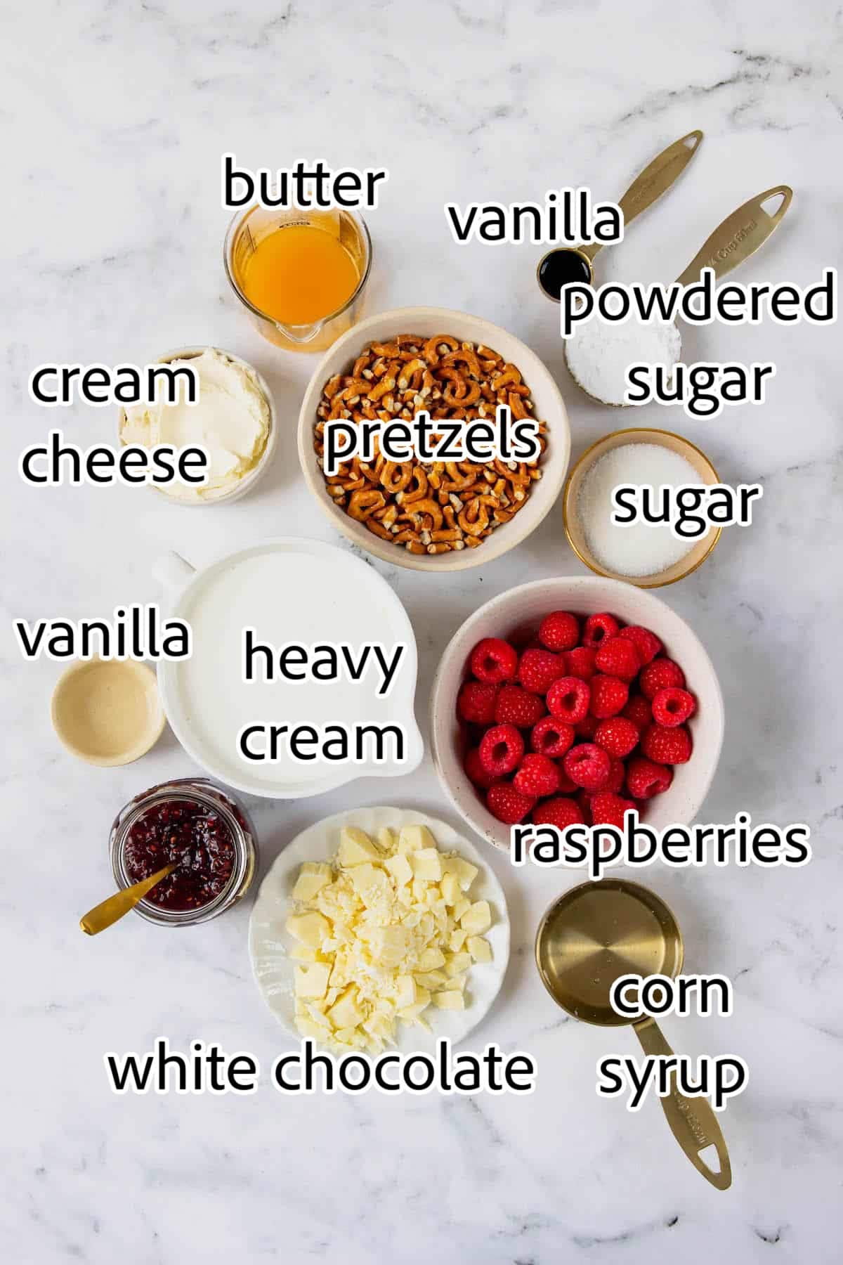 ingredients needed for frozen white chocolate raspberry dessert