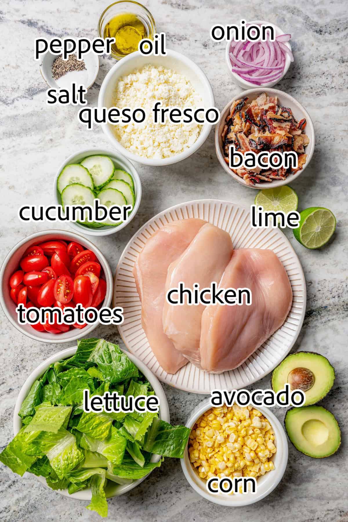 This Grilled Chicken Salad combines fresh corn, creamy avocado and juicy tomatoes with a zippy cilantro-lime vinaigrette for one tasty salad! ingredients needed for grilled chicken salad with cilantro lime vinaigrette