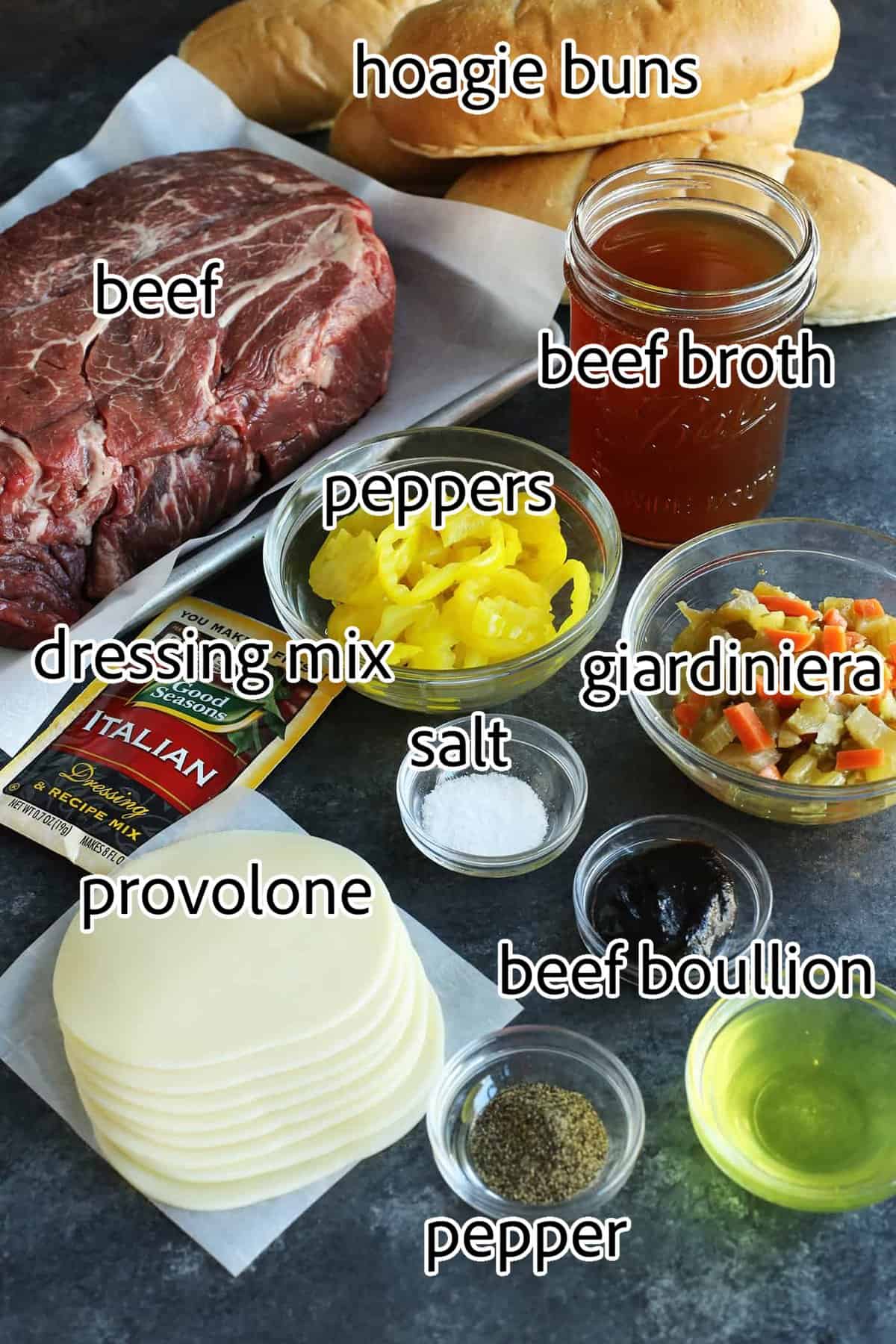 Ingredients needed to make slow cooker Italian beef, and sandwiches