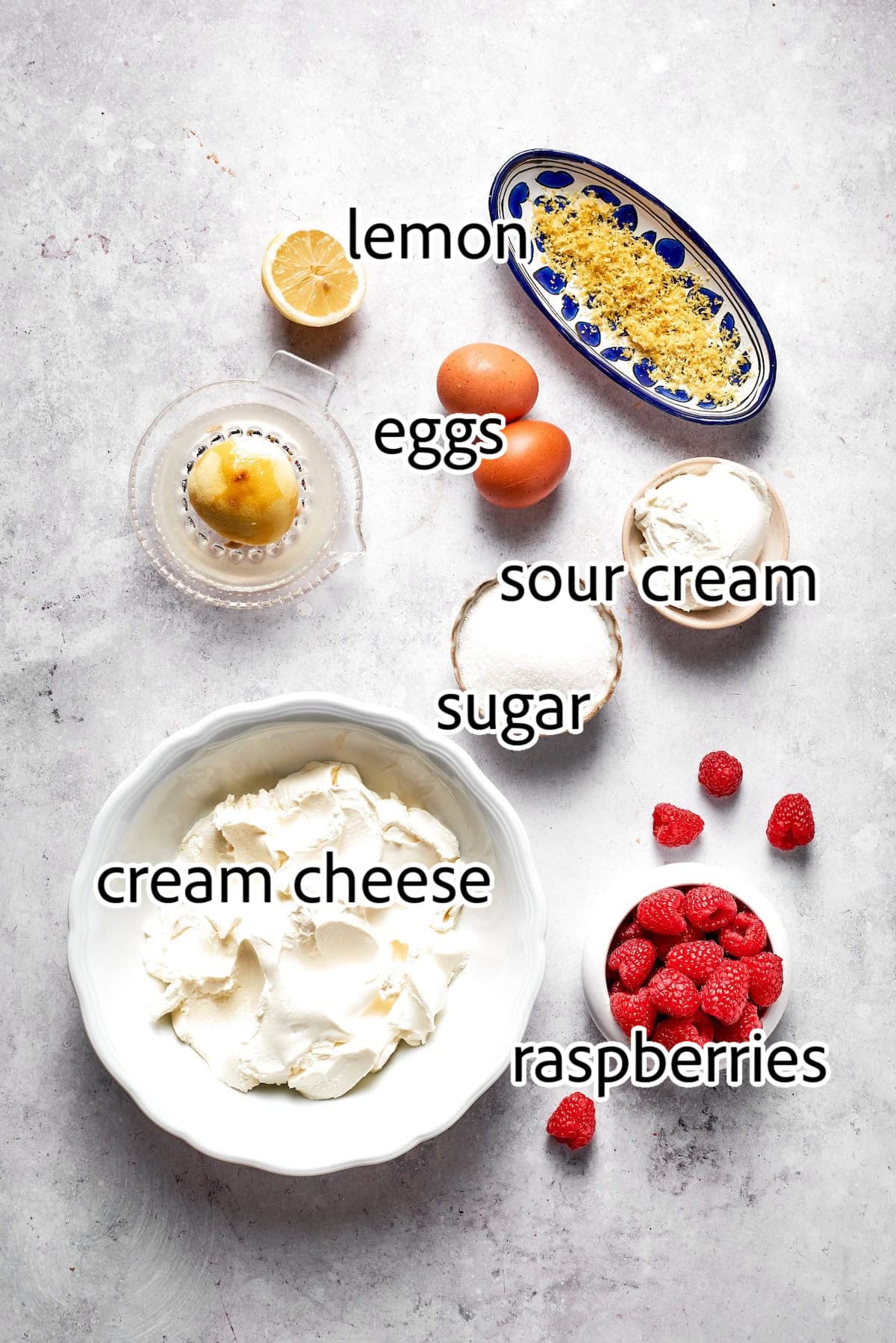 These Lemon Cheesecake Bars with Raspberries are quick to put together, and their lighter texture is perfect for summer. ingredients needed for lemon cheesecake bars