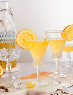 Two glasses of limoncello martini with lemon wheels for garnish