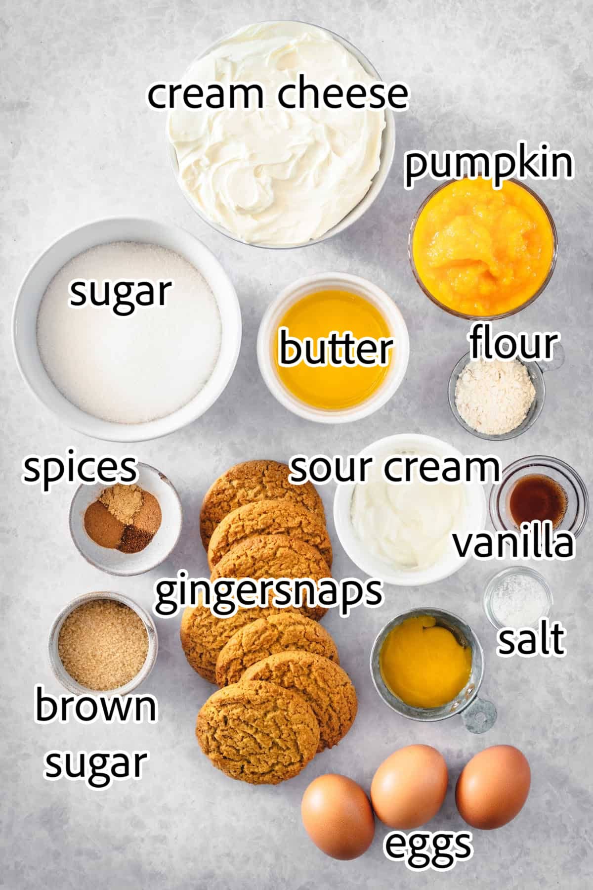 This is the best pumpkin cheesecake recipe! It's creamy, easy to make, and packed with pumpkin flavor, baked in a crunchy gingersnap crust. ingredients needed for perfectly perfect pumpkin cheesecake