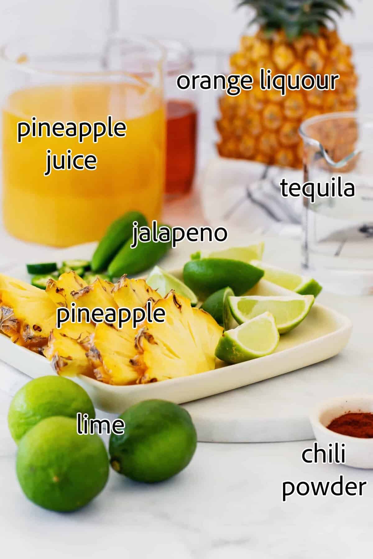 This spicy pineapple jalapeño margarita is a delicious twist on the classic cocktail with blanco tequila, fresh pineapple juice, and jalapeño. ingredients needed for pineapple jalapeno margaritas