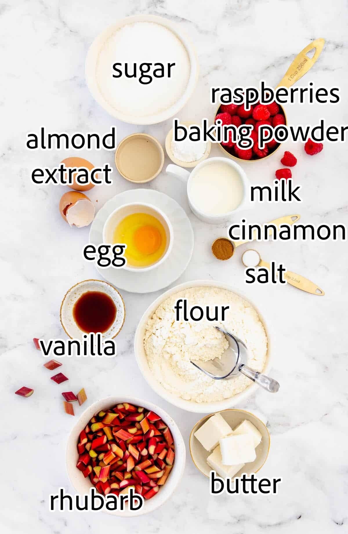 ingredients needed for raspberry rhubarb skillet coffee cake
