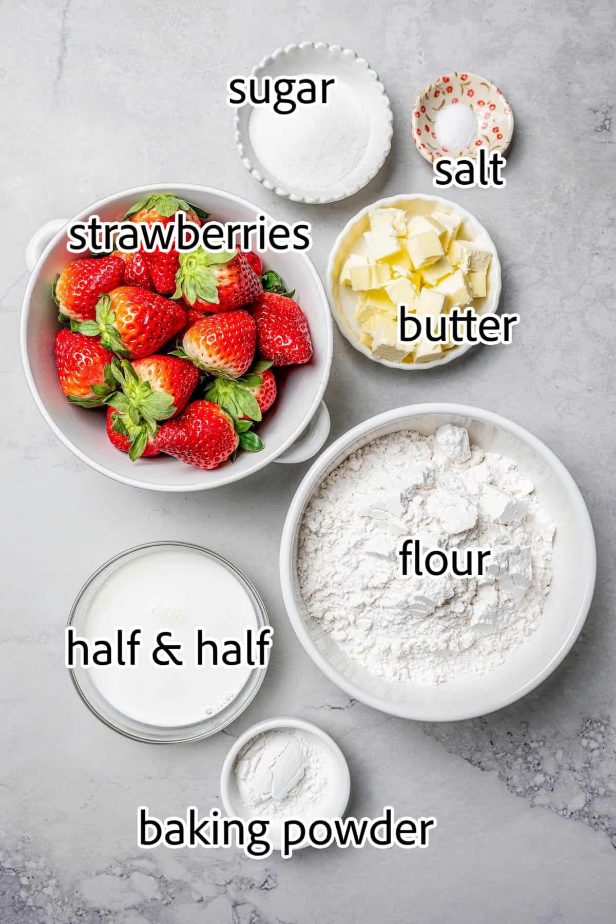These homemade Strawberry Scones are buttery and golden, and studded with fresh berries. A drizzle of vanilla glaze is the perfect finish! ingredients needed for strawberry shortcake scones