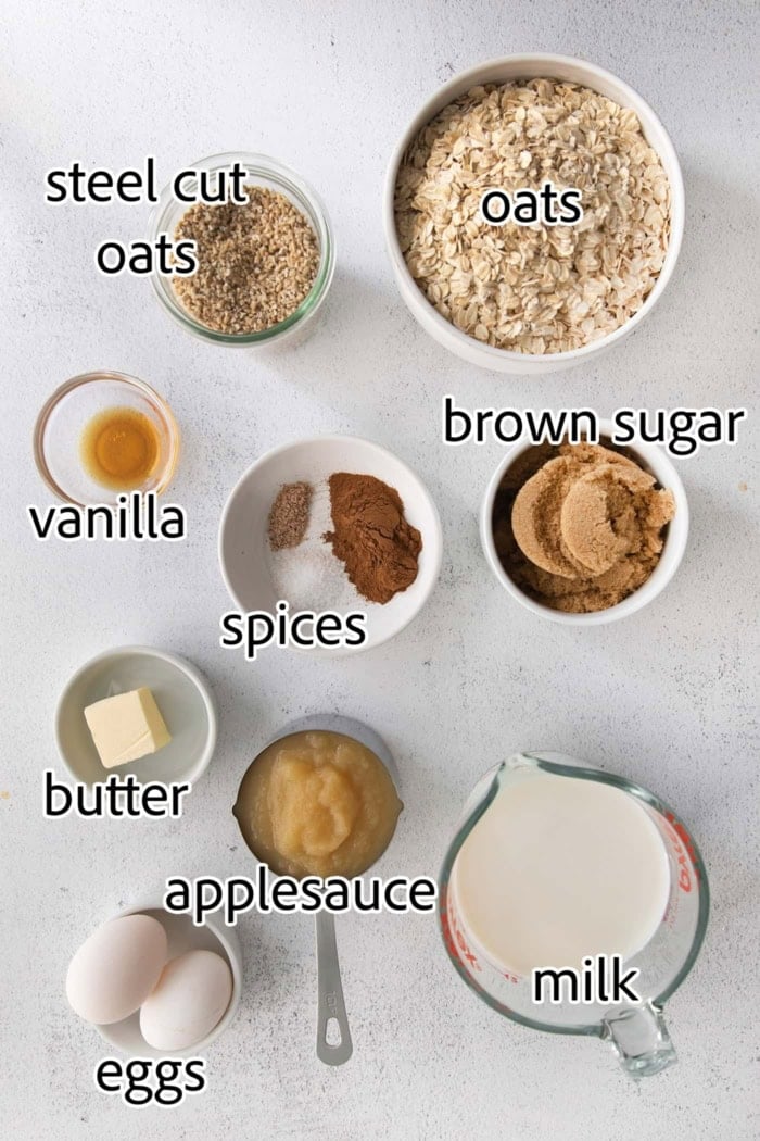 Overnight baked apple oatmeal is an irresistible make-ahead breakfast, topped with crunchy streusel and studded with sweet cinnamon apples. ingredients needed for apple baked oatmeal