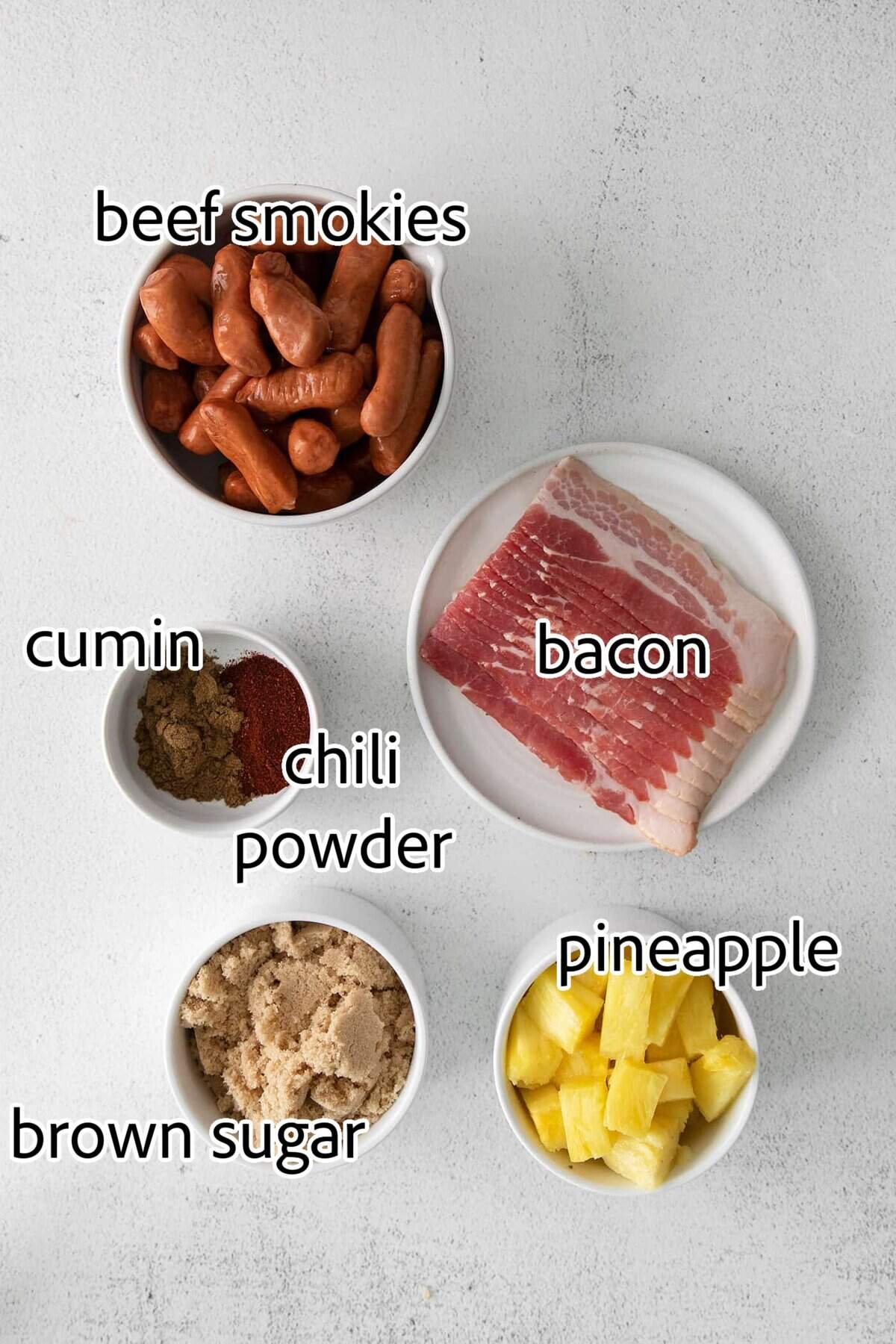 These Bacon Wrapped Smokies are the perfect game day appetizer. Switch things up by adding pineapple or jalapeno slices! ingredients needed for bacon wrapped smokies