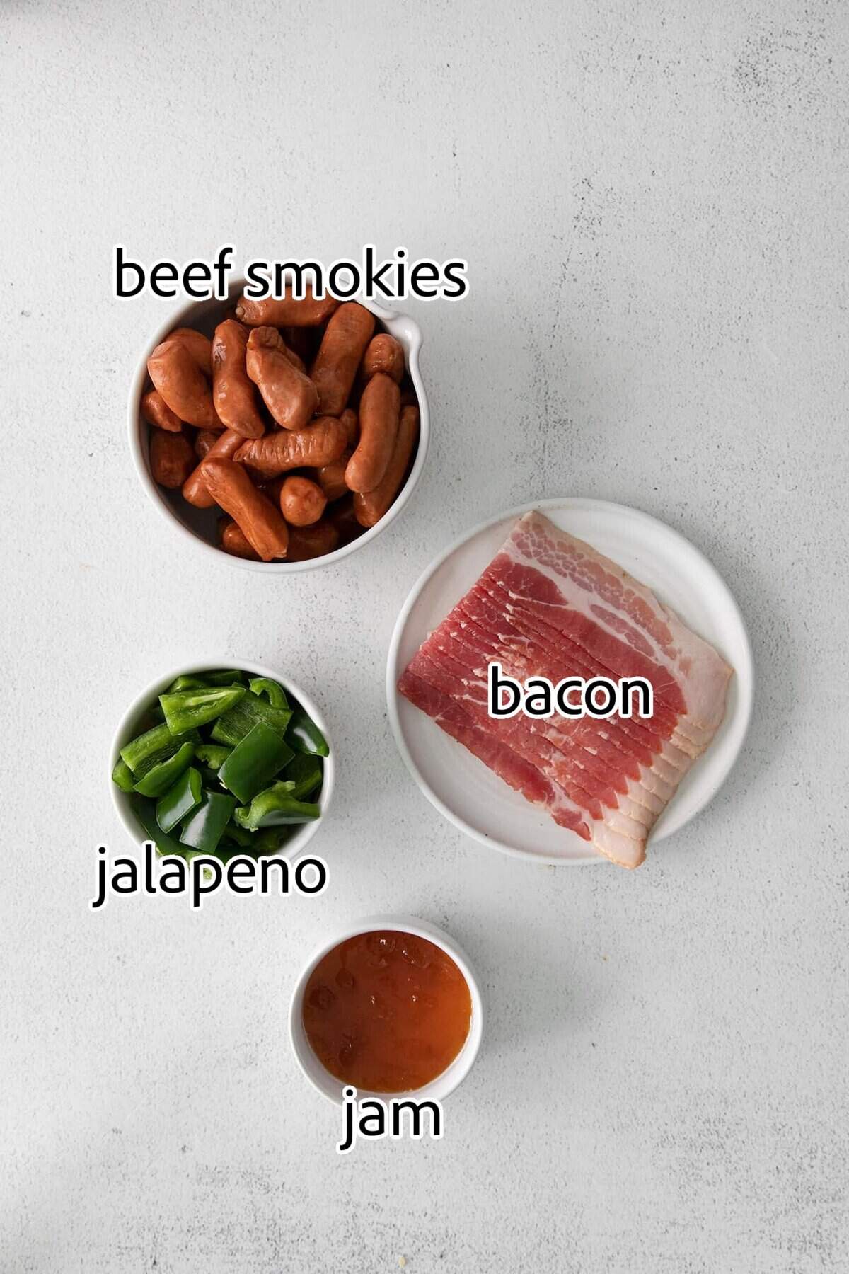 These Bacon Wrapped Smokies are the perfect game day appetizer. Switch things up by adding pineapple or jalapeno slices! ingredients needed for bacon wrapped smokies