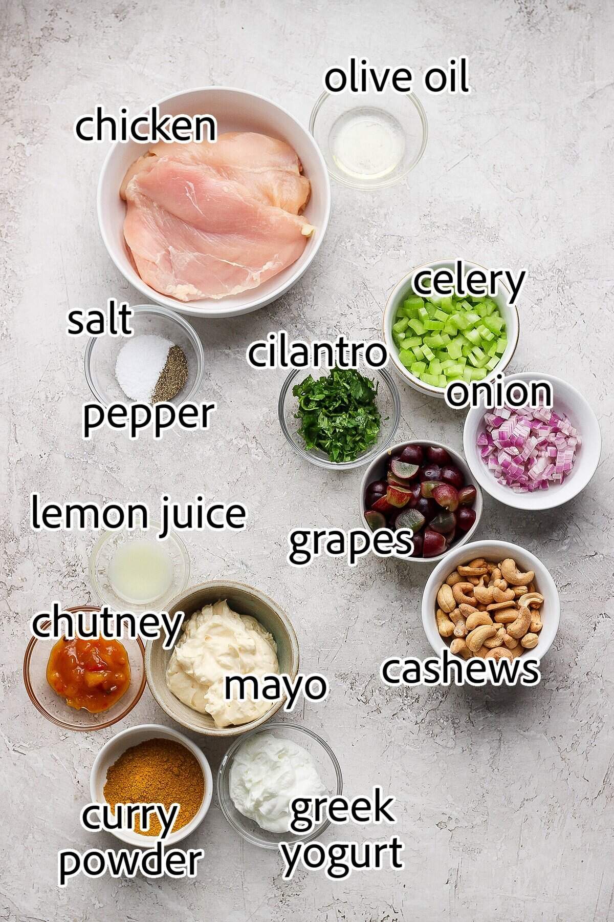 This easy Curry Chicken Salad recipe is the perfect blend of sweet and savory, with juicy grapes, cashews, and a creamy curried dressing. ingredients needed for chicken curry salad