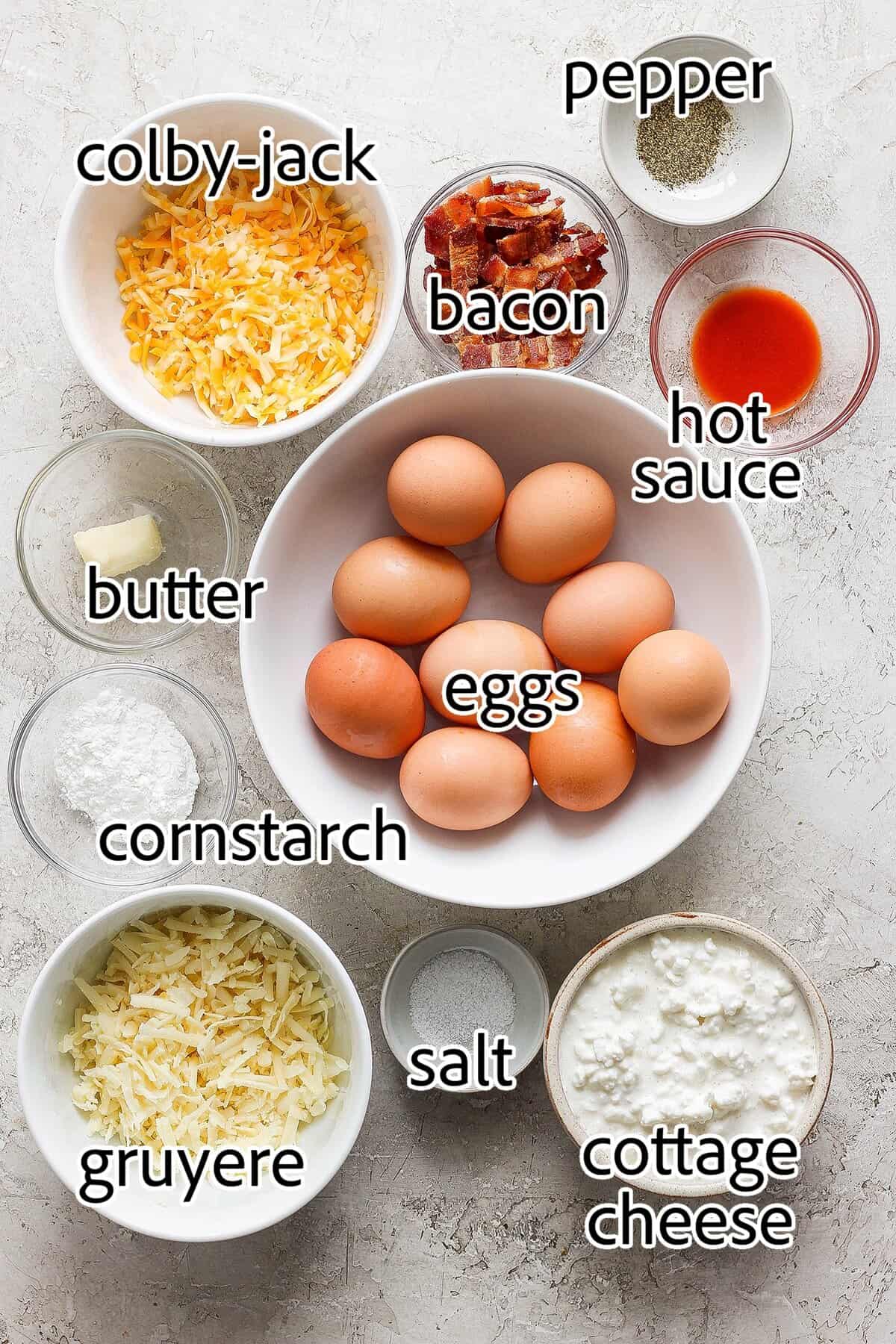 Cottage Cheese Egg Bites are creamy, cheesy and packed with protein. And let’s not forget the bacon! The perfect savory meal prep breakfast. ingredients needed for cottage cheese egg bites