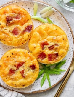 Overhead view of 3 bacon cottage cheese bites on plate