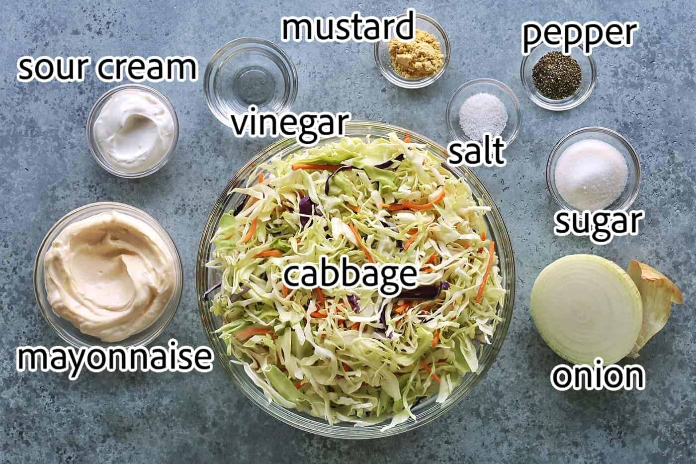 This crunchy, creamy coleslaw recipe is a favorite BBQ side. Serve it as a cooling accompaniment to grilled meats, tacos, or pulled pork! ingredients needed for creamy coleslaw