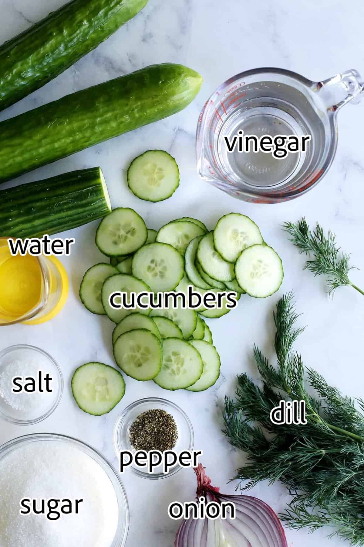 This easy cucumber salad recipe is a refreshing summertime side dish with thinly sliced cucumbers and onion, plus a tangy vinegar dressing. ingredients needed for cucumber salad