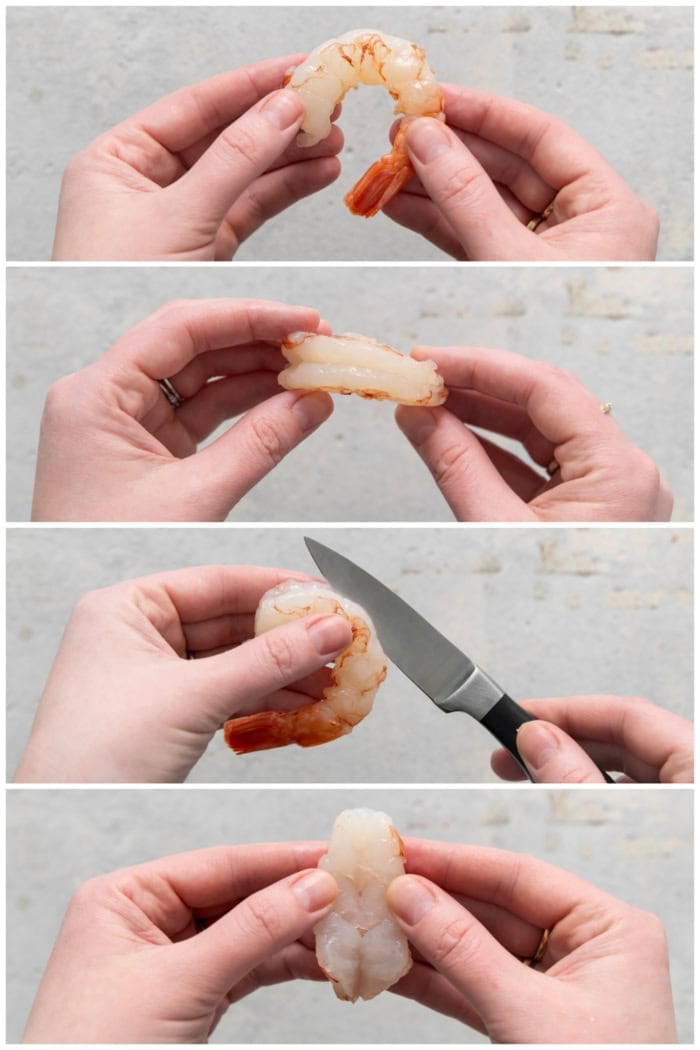 These butterfly shrimp are tender and juicy on the inside, crisp and crunchy on the outside, and paired with a spicy creamy cocktail sauce! Collage of photos showing process of deveining shrimp
