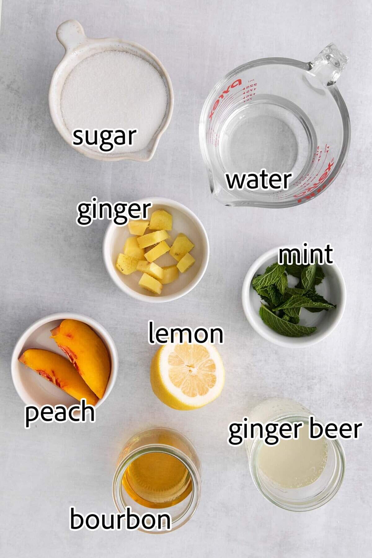 This Peach Mint Julep is bright, fresh, and fruity, with a hint of spice from fresh ginger. The perfect summer cocktail! ingredients needed for peach mint juleps