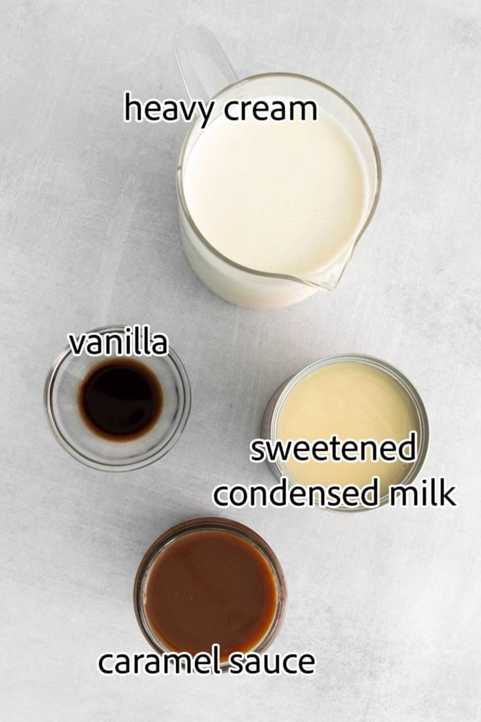 This Salted Caramel Ice Cream features a sweet and creamy ice cream base with homemade caramel sauce swirled throughout. ingredients needed for salted caramel ice cream