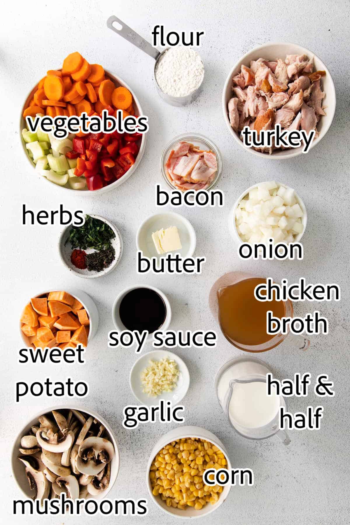 Make this easy Smoked Turkey Chowder recipe in one pot. It's lightly creamy and loaded with flavor, a great way to use up turkey leftovers! ingredients needed for smoked turkey chowder