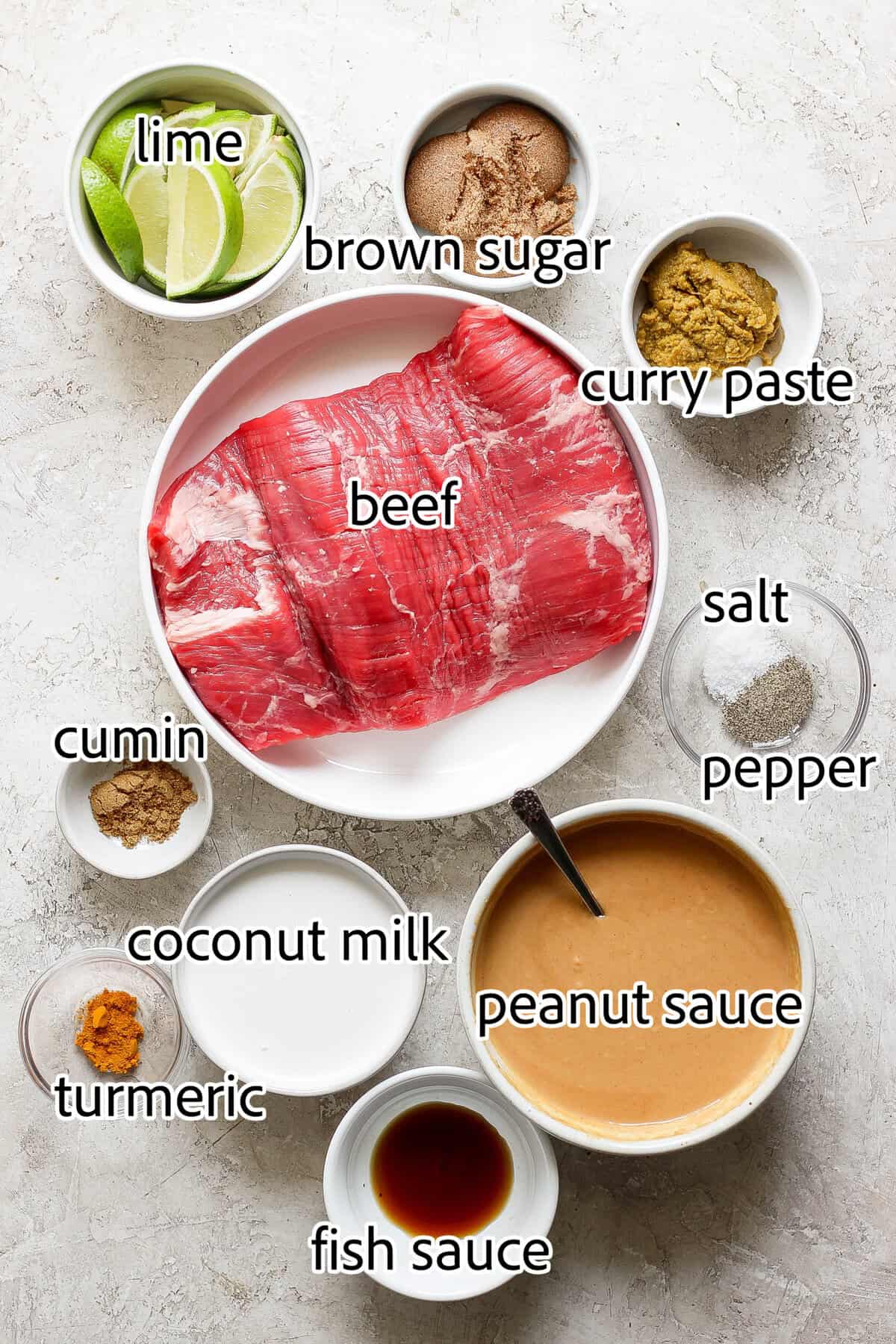 Tender beef is marinated in coconut milk, threaded onto skewers, and grilled to perfection in this coconut beef satay recipe. So flavorful! ingredients needed for beef satay