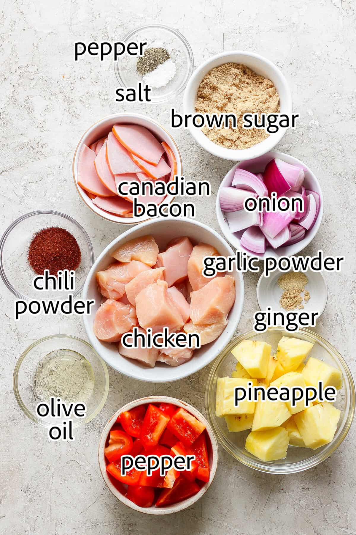 Grilled Hawaiian chicken kabobs have the perfect balance of heat and sweet, with pineapple, red pepper, red onions and savory bacon. Yum! ingredients needed for hawaiian chicken kabobs
