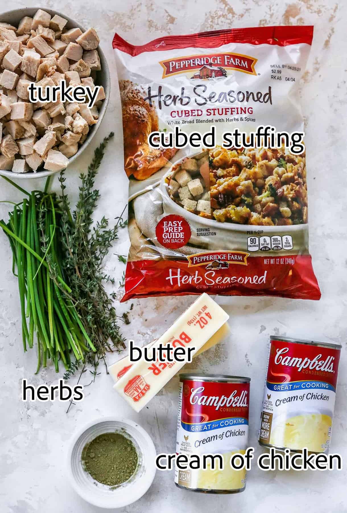 This hearty leftover turkey casserole recipe with sage, thyme, cream of chicken, and crispy stuffing is an easy way to clean out the fridge. ingredients needed for leftover turkey casserole
