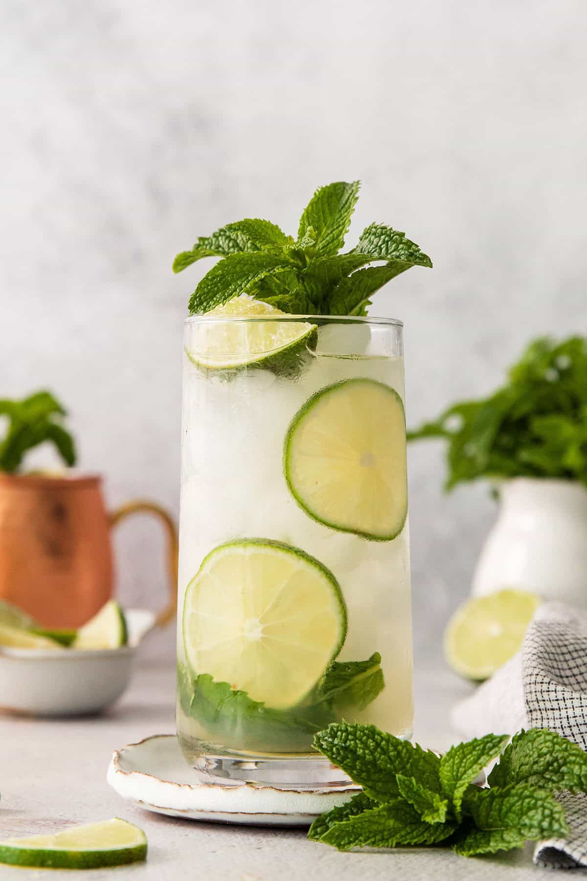 This easy Moscow Mule Mocktail has the bold ginger, tart lime and refreshing mint flavor you love, minus the alcohol. Perfect for summer! Moscow mule mocktail in glass with lime wheels and mint sprig for garnish