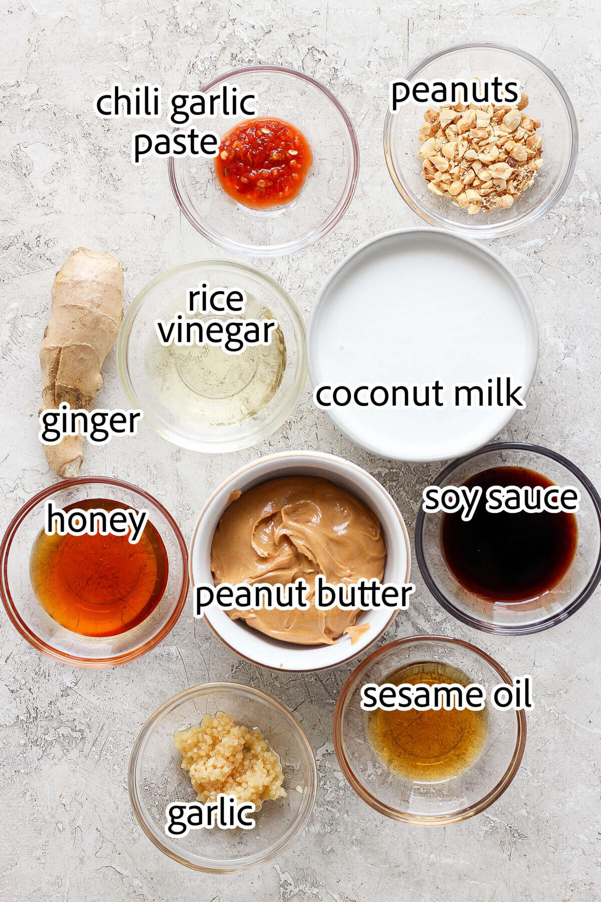 This homemade peanut sauce is creamy and sweet, but also tangy, garlicky, and just a little bit spicy. But best of all, it's SO easy to make! ingredients needed for peanut sauce