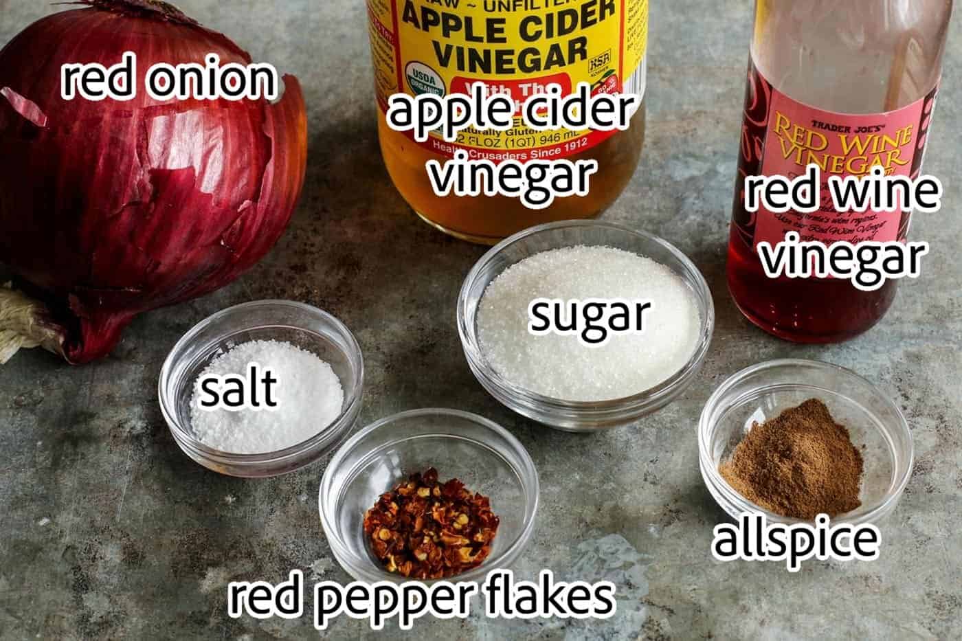 This quick pickled red onions recipe is so good! This is the easiest and most flavorful way to make pickled red onions in the fridge. ingredients needed for pickled red onions