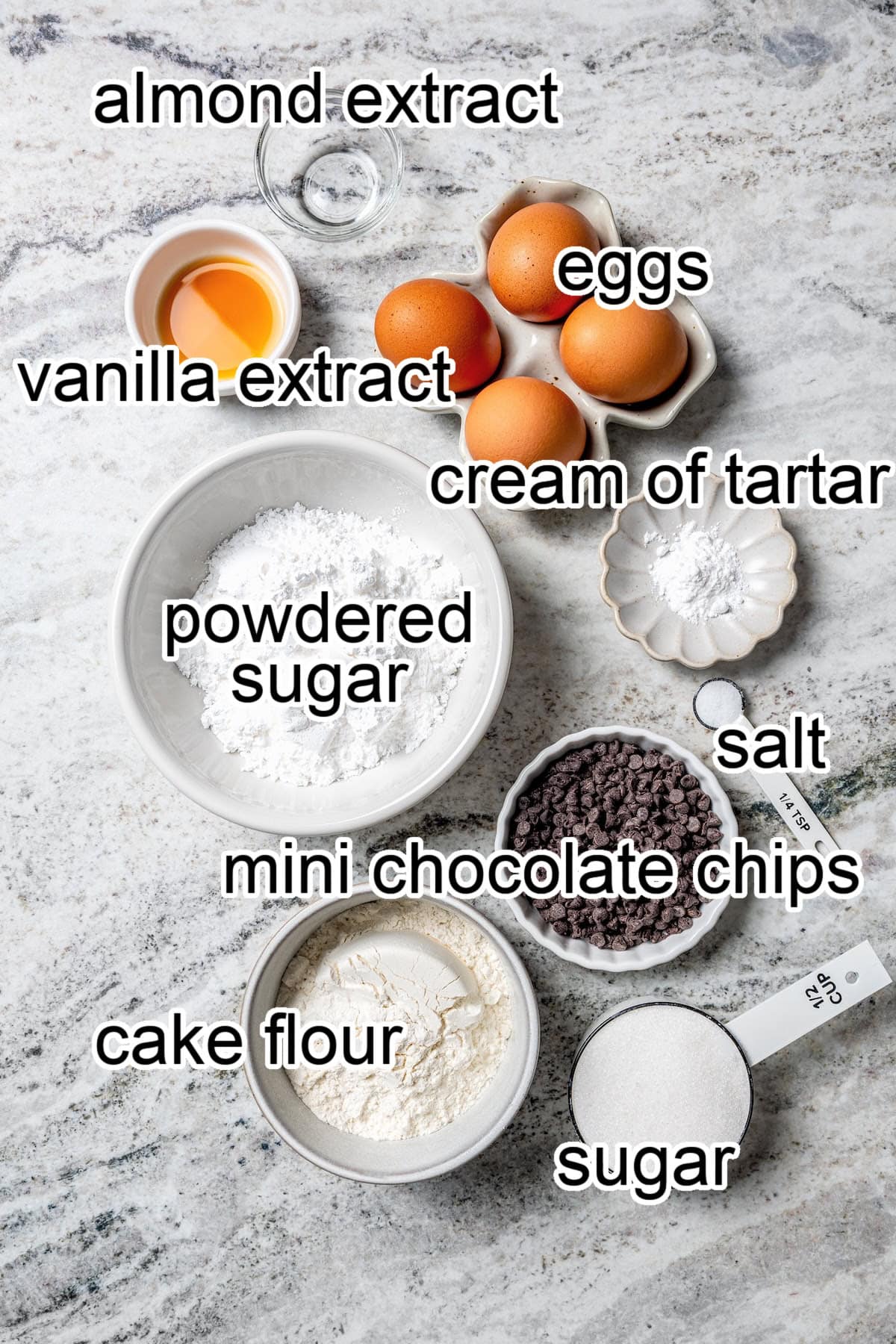 These Angel Food Cupcakes are dotted with mini chocolate chips and topped with vanilla cream and fresh berries. A light, summery treat! ingredients needed for angel food cupcakes